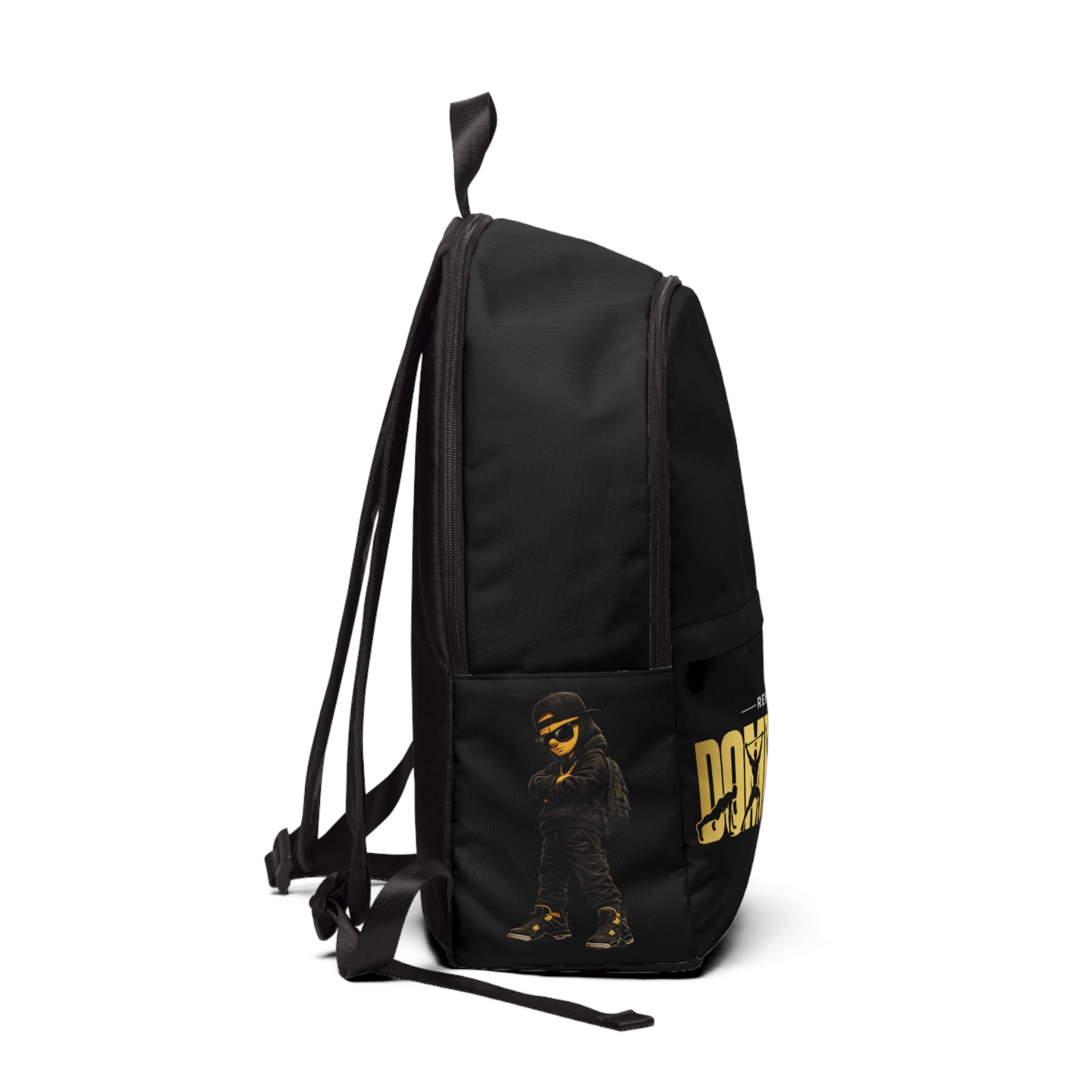 Remain Dominate Backpack | Urban Streetwear, Bold Yellow Text, Shadowed Character