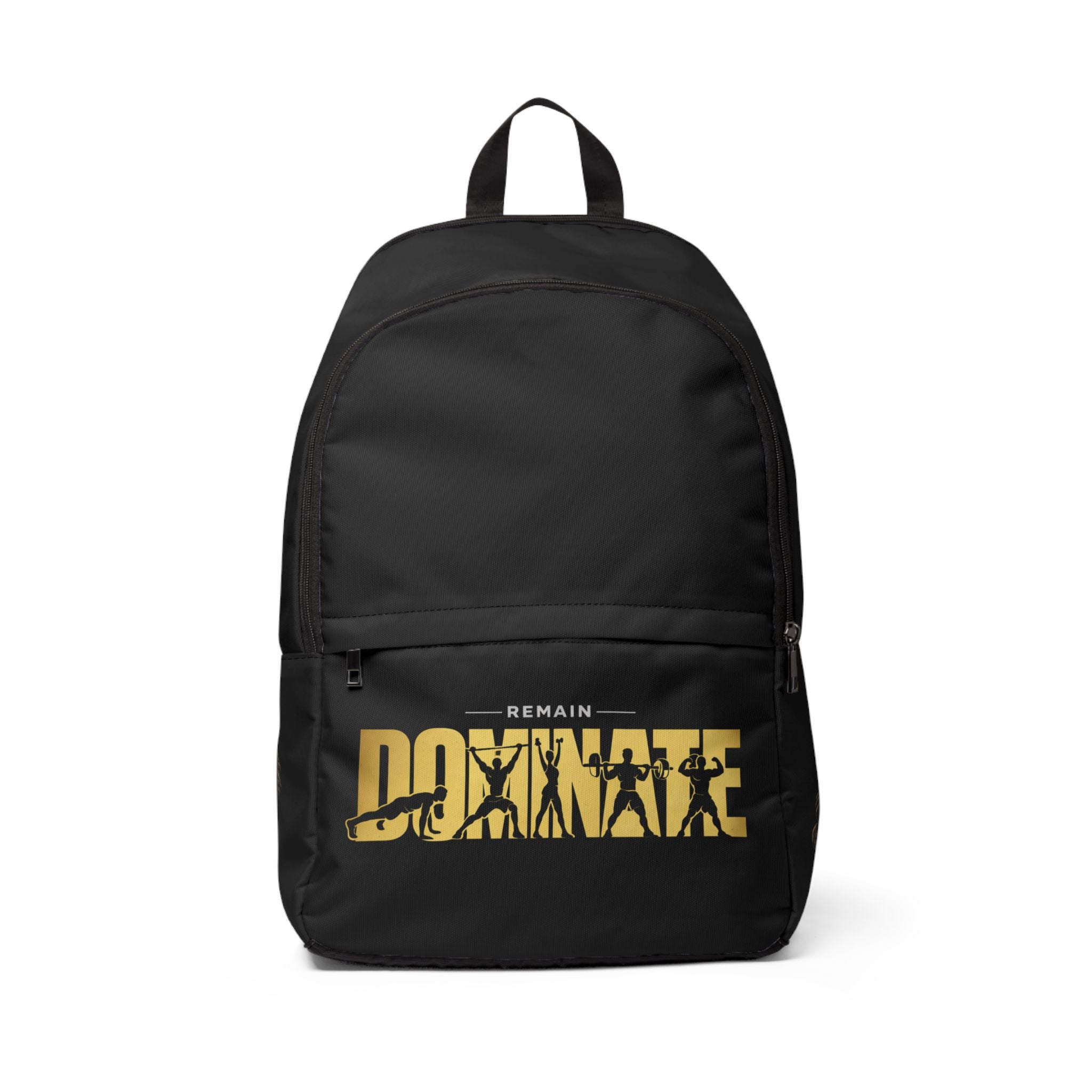 Remain Dominate Backpack | Urban Streetwear, Bold Yellow Text, Shadowed Character