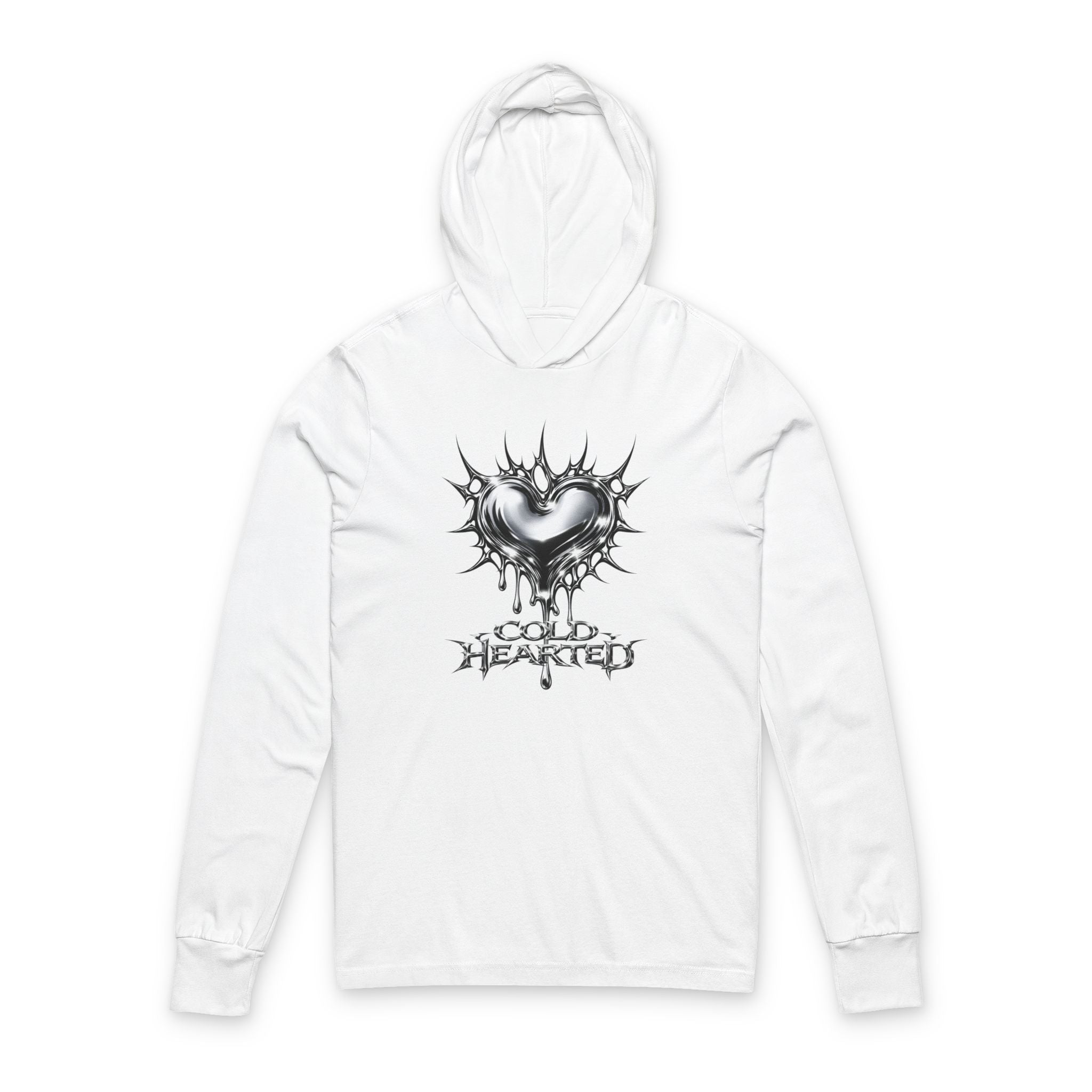White hoodie with black heart design and 'Cold Hearted' text on a white background