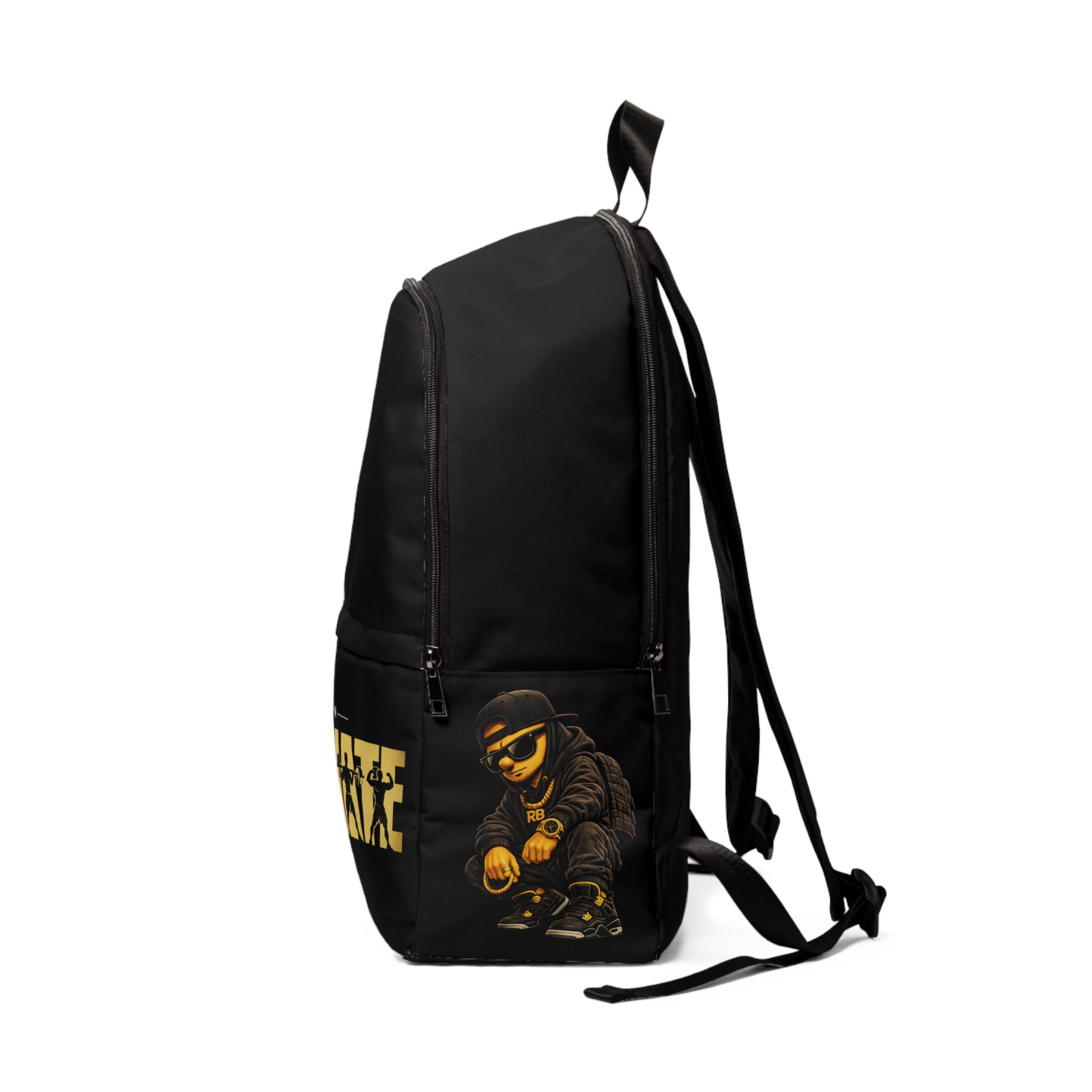 Remain Dominate Backpack | Urban Streetwear, Bold Yellow Text, Shadowed Character