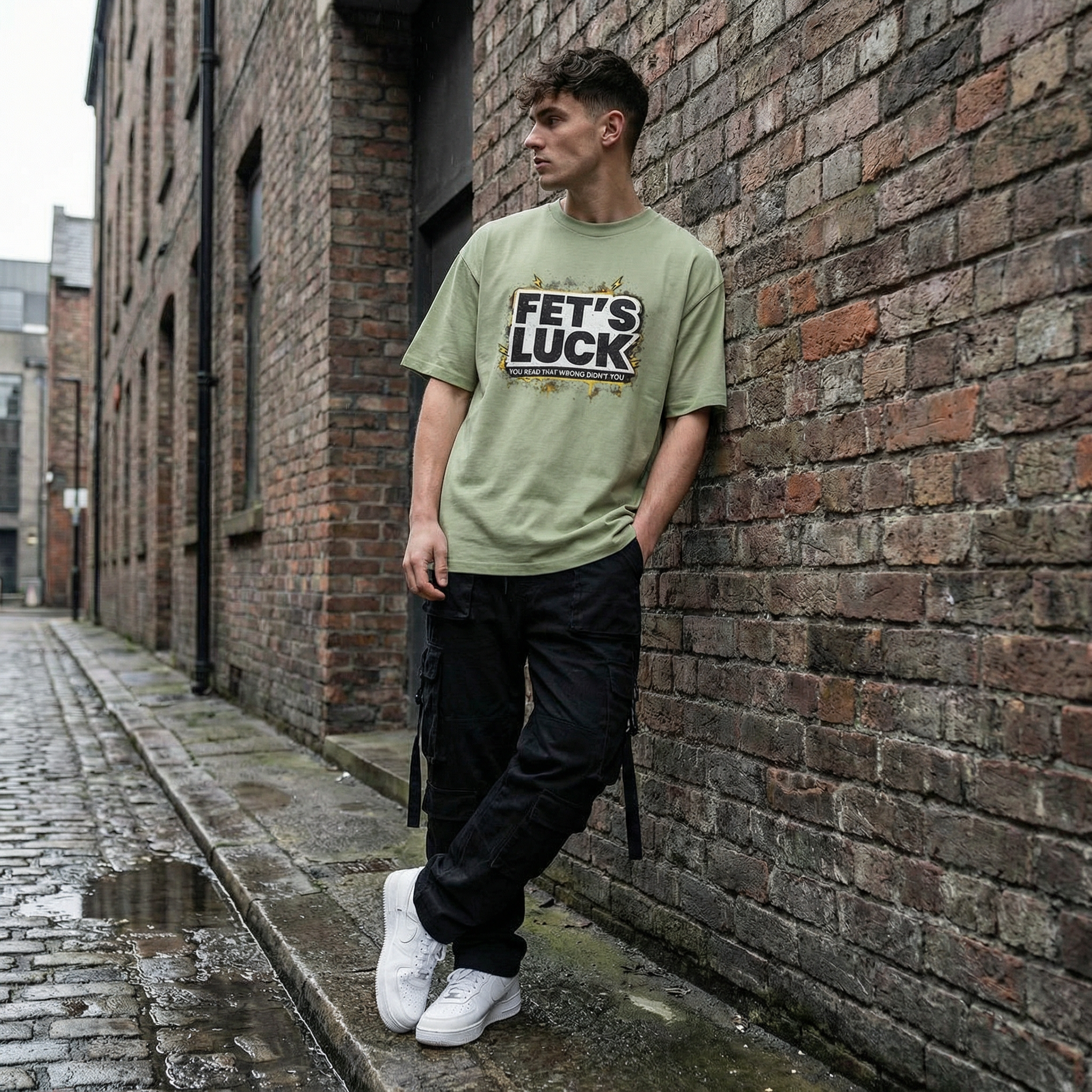 FET'S LUCK graphic tee | T-Shirt, humorous slogan distressed design | RemainStudio