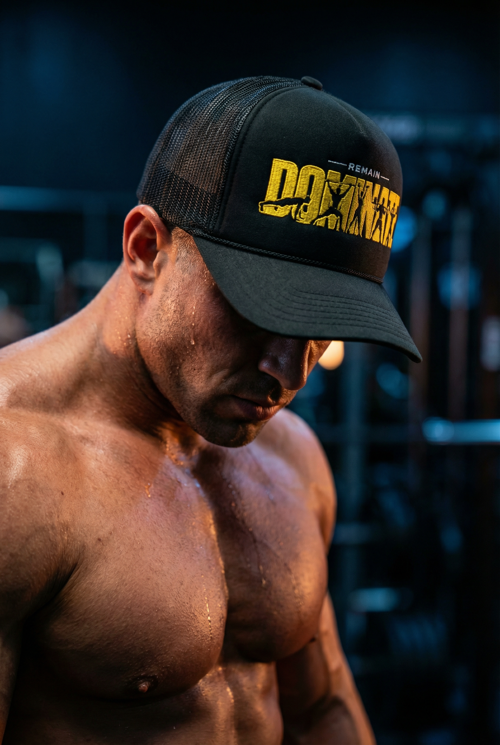 Embroidered Remain Dominant foam mesh trucker hat for streetwear