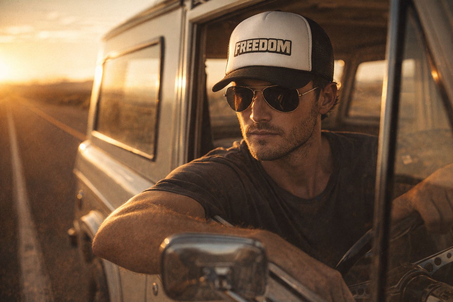 Retro Freedom trucker hat with embroidered patch design