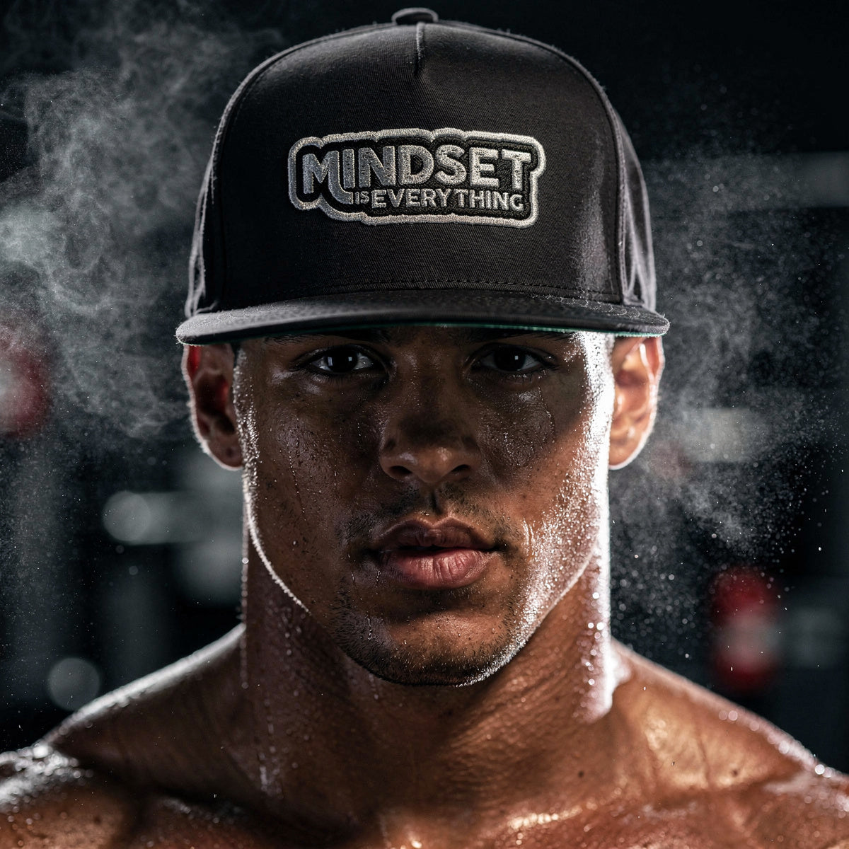 Black snapback cap with embroidered Mindset Over Everything patch