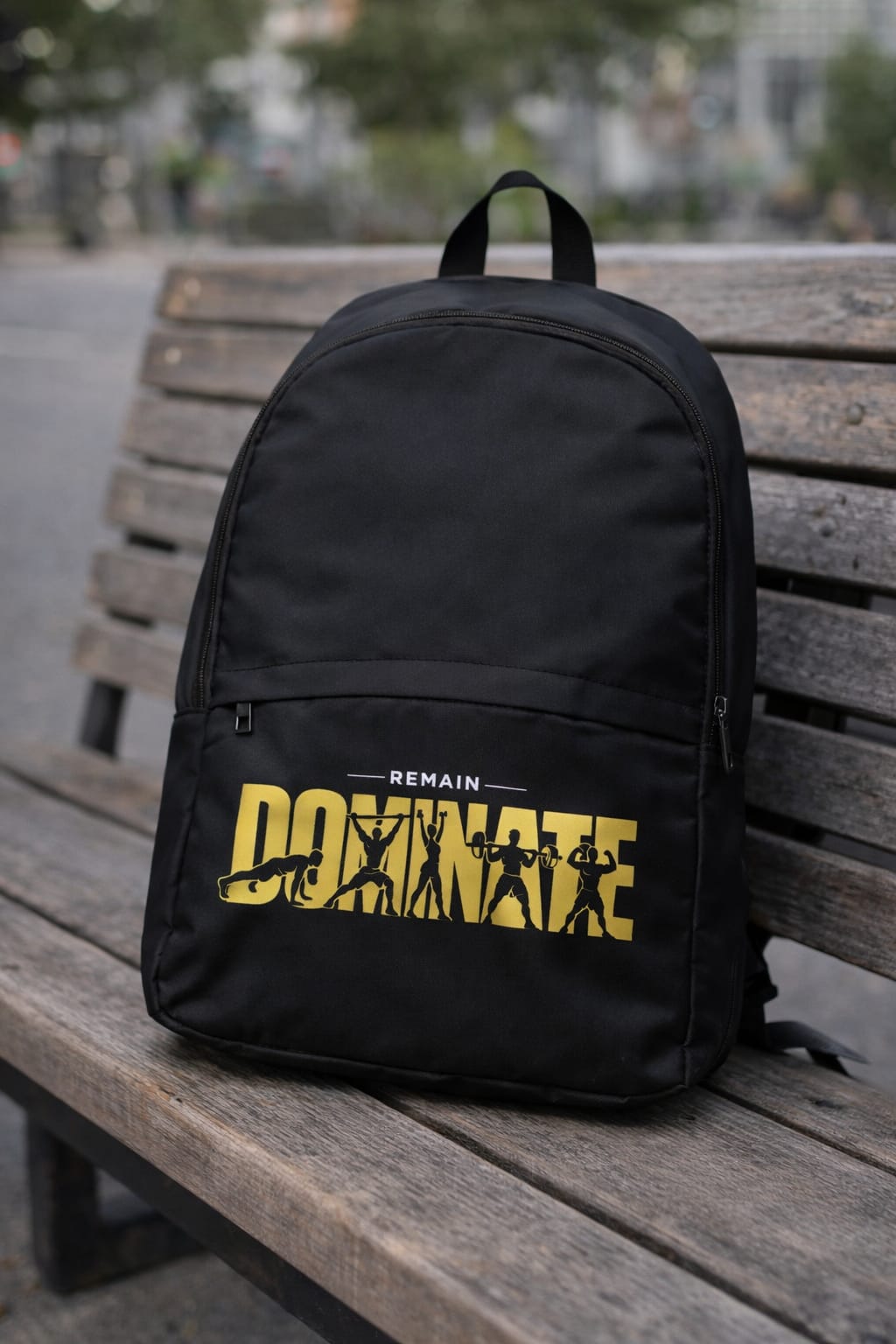 Urban streetwear backpack with bold yellow Dominate text