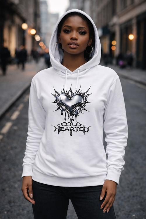 hooded long sleeve tee with metallic thorn-wrapped heart graphic and gothic lettering