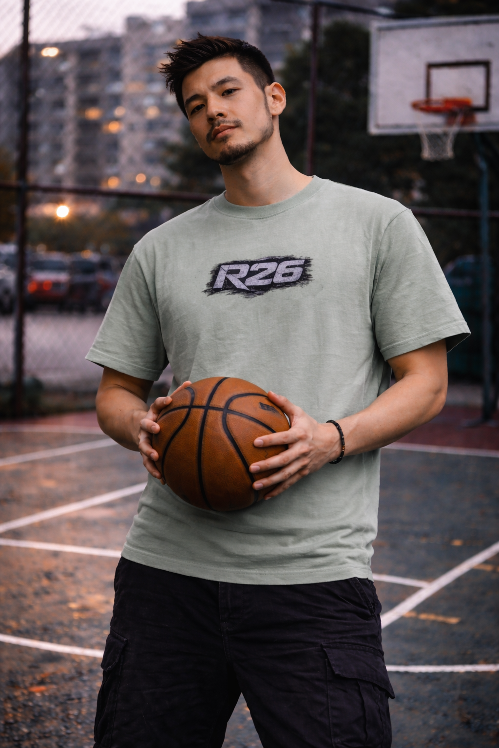 R26 distressed logo design on casual streetwear t-shirt