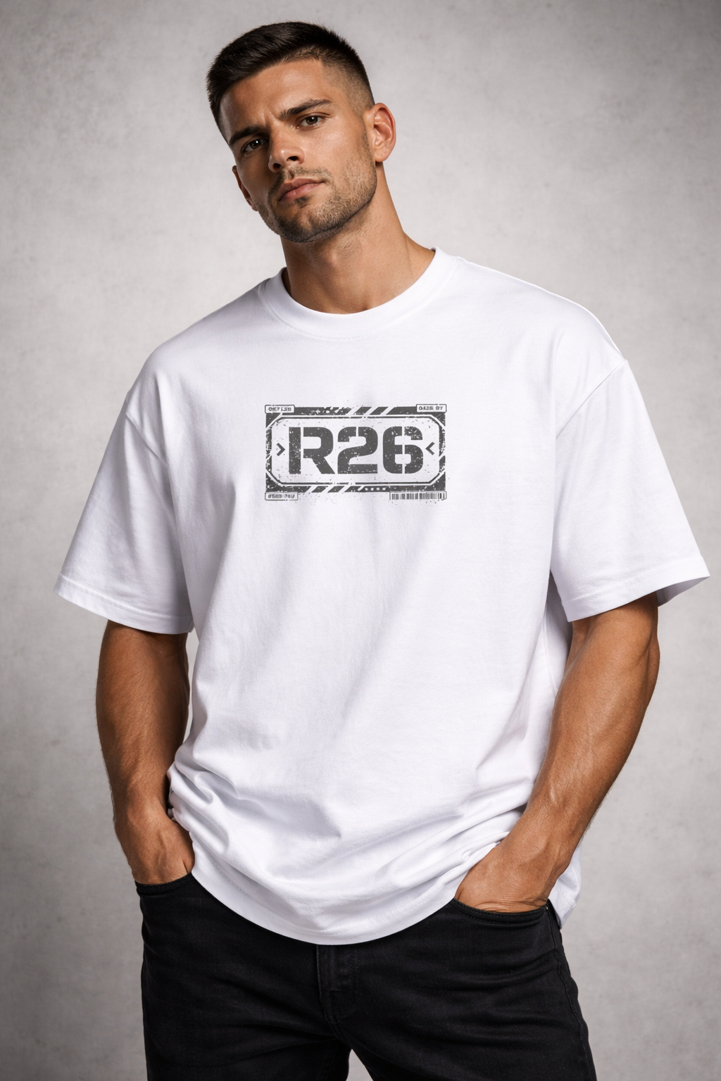 Bold R26 industrial design on oversized graphic tee