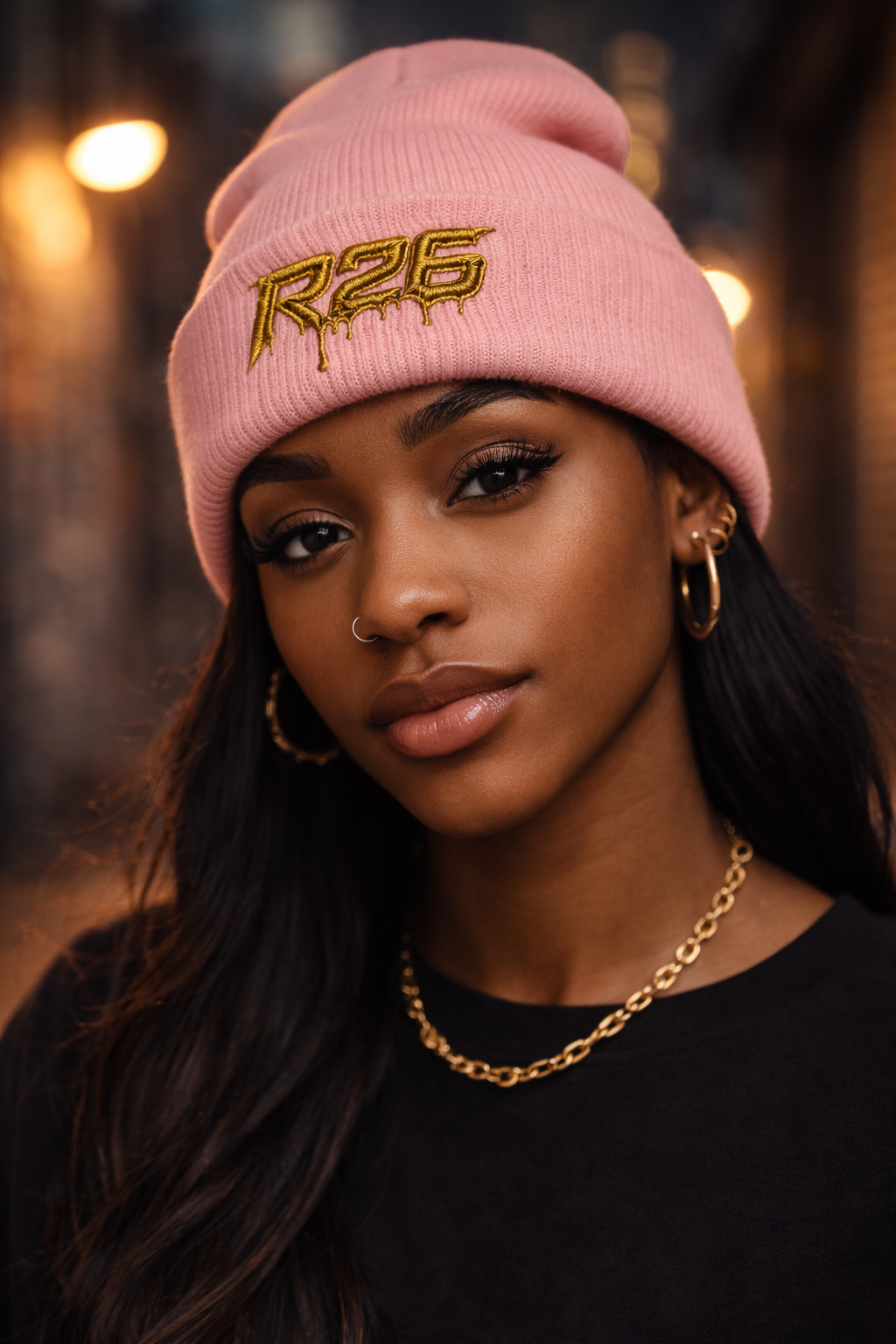 Gold drip R26 embroidered beanie for premium streetwear