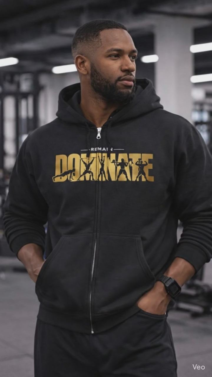 Dominate Typography Zip Hoodie | Black Full-Zip Sweatshirt